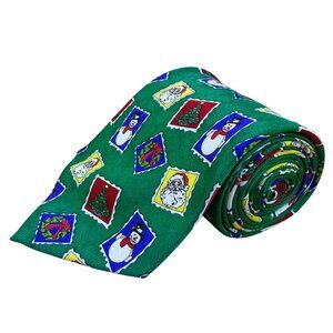 Cape Cod Mens Green Silk Christmas Holiday Tie Snowman Santa Tree Print OS